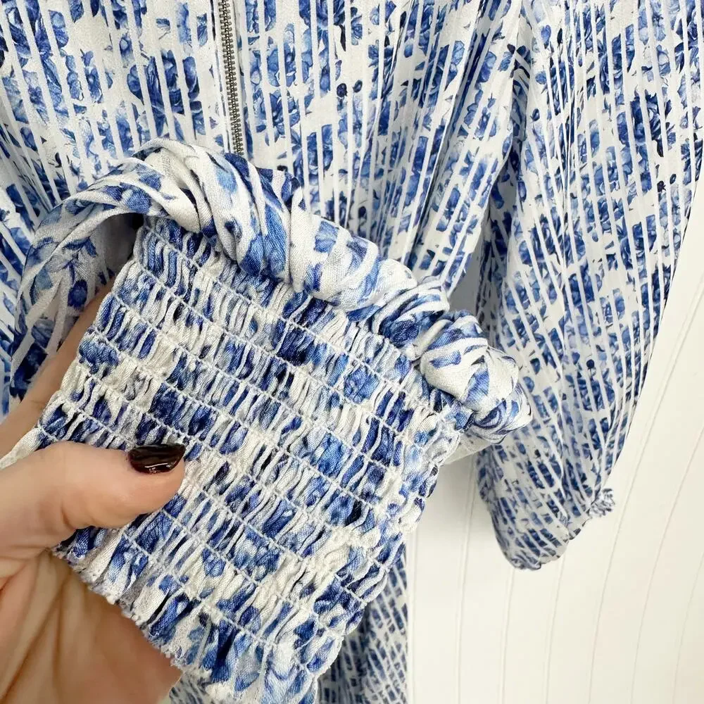 Alice + Olivia Molli Dress Blue White Floral Print Belted Long Sleeve Mini 4 - Picture 6 of 9